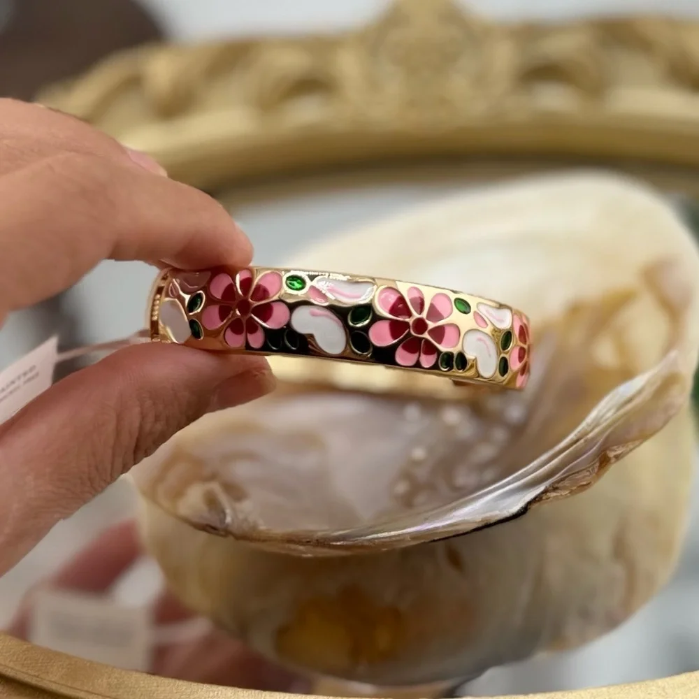Hand Painted Floral Enamel Bangle with Gold Accents